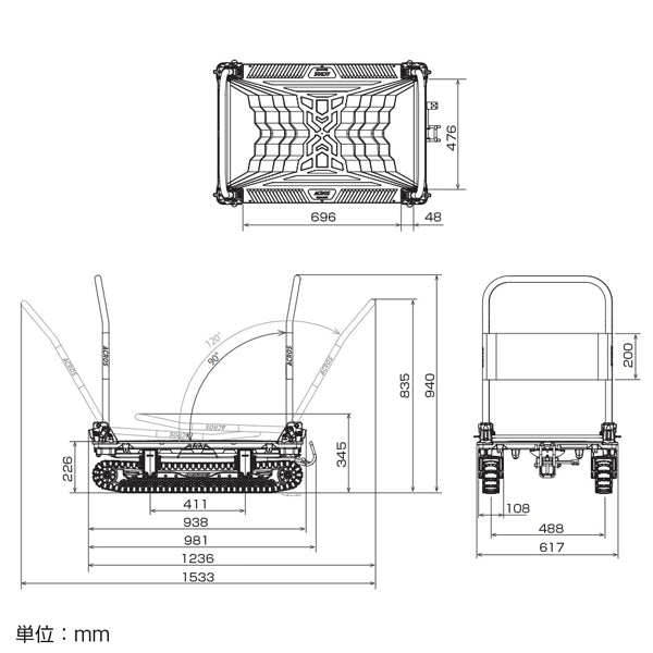 運搬台車　アクロス　クローラータイプ　ダブルハンドル　フットスタンド付　SCー9060AX　DHA　FTの寸法図